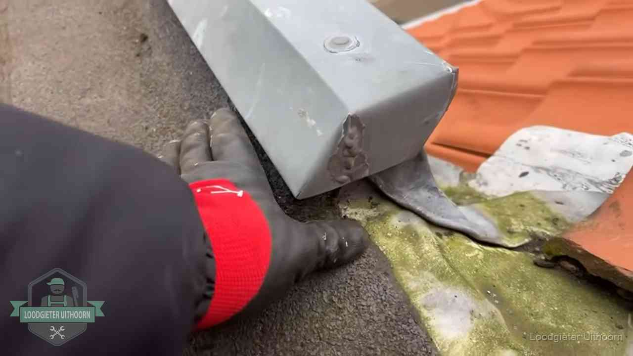 Hemelwaterafvoer en dakgoot controleren in Uithoorn Controle van een zinken hemelwaterafvoer met loodslab bij dakpannen in Uithoorn